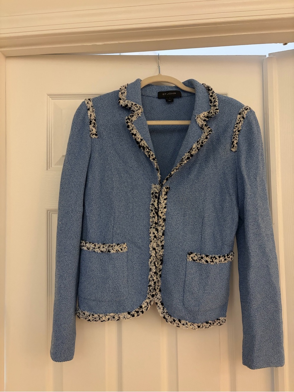 St. John Light Blue Bouclé Tweed Blazer with Black & White Trim
